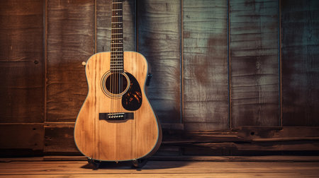 Acoustic guitar on a wooden background. Vintage style toned pictureの素材