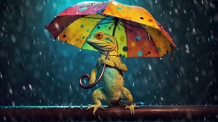 Frog with umbrella in rain. Fantasy illustration. 3D rendering.の素材