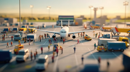 Miniature people with airplane at airport terminal. Travel and transportation concept.の素材