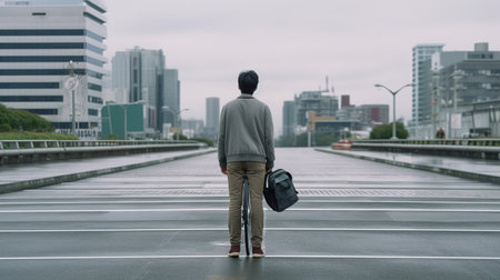 Young man with a suitcase walking on the street in Tokyo, Japanの素材