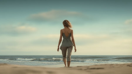 Blonde woman walking on the beach at sunset. Back view.の素材