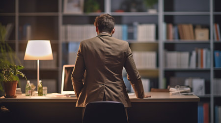 Rear view of businessman sitting at desk in office at night.の素材