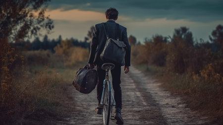 Rear view of a young man with a bicycle in the countrysideの素材
