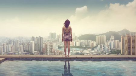 Young woman standing on edge of swimming pool and looking at the cityの素材