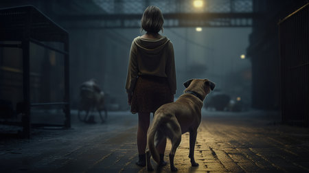 Rear view of woman walking with dog in the city at nightの素材