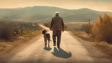 Elderly woman walking her dog on a rural road at sunsetの素材
