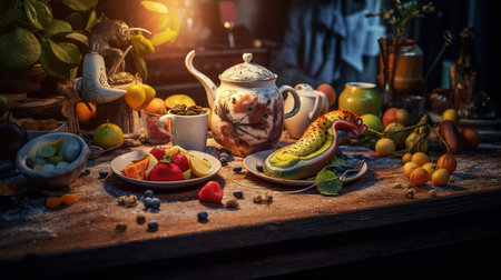 Still life with fruits and teapot on a wooden table.の素材