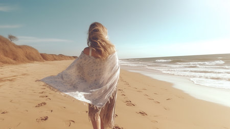 Blonde girl in a white shawl on the beach.の素材