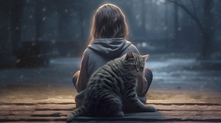 A girl with a cat sitting on the ground in the rain.の素材