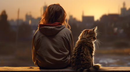 Young woman with a cat on the background of the city at sunsetの素材
