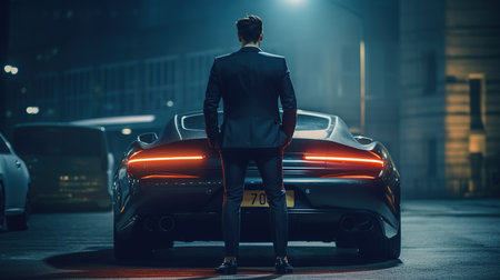 Rear view of businessman standing near his car in the night cityの素材