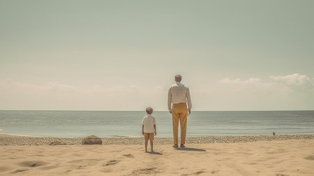 Grandfather and grandson standing on the beach, looking at the seaの素材