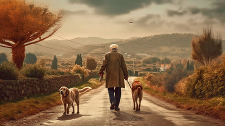 Old man walking with his dog on the road in the countryside.の素材