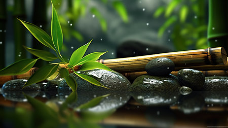 zen basalt stones and bamboo with water drops on black background, 3d renderの素材