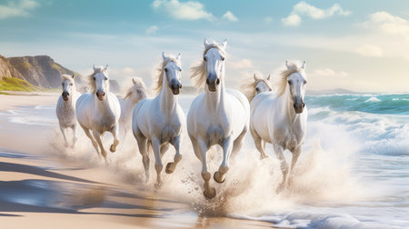 White horses galloping on a sandy beach in the Atlantic Ocean.の素材