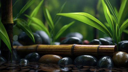 Spa still life with bamboo and zen stones on wet stone surfaceの素材
