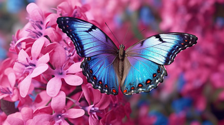 Beautiful blue butterfly on pink lilac flowers, close-upの素材