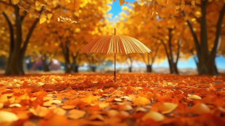 Autumn background with yellow leaves and umbrella. 3d rendering.の素材