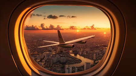 Airplane flying over the city at sunset. 3D rendering.の素材