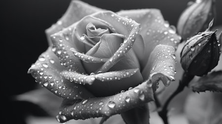 Black and white photo of a beautiful rose with dew drops.の素材