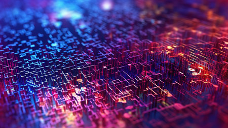 3d illustration of abstract technology background with circuit board and digits.の素材