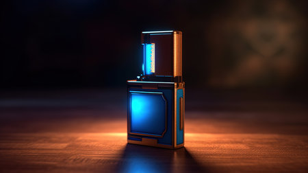 Retro vaporizer e-cigarette on wooden table. 3d renderingの素材