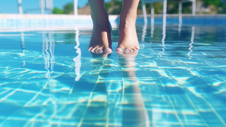 Close-up of female legs in swimming pool. Vacation conceptの素材