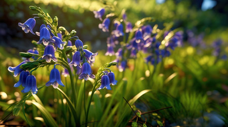 Bluebells in the early morning sunlight. Early spring in the forest.の素材