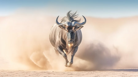 Blue wildebeest running in the desert. 3D renderingの素材