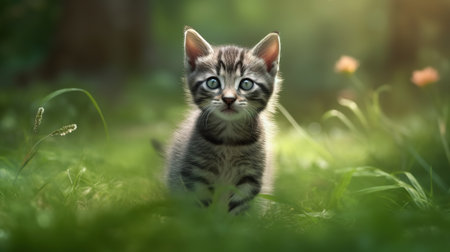 Cute little gray kitten with blue eyes on green meadow.の素材
