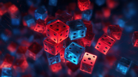 3d rendering of red and blue dices with depth of fieldの素材