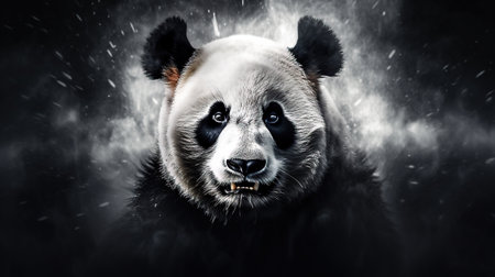 Panda bear in black and white smoke. 3D rendering.の素材