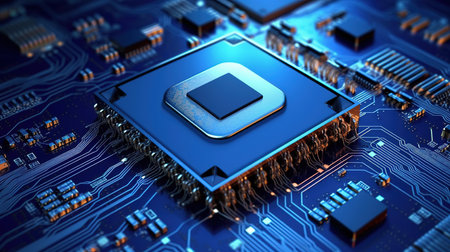 Close-up view of a modern GPU card circuit. 3D renderingの素材