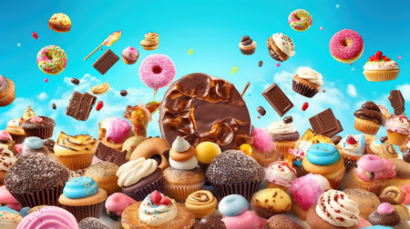 Cupcakes and donuts falling into the sky. 3d renderingの素材