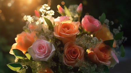 Bouquet of pink and orange roses on a background of green leavesの素材