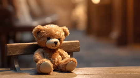 Teddy bear sitting on a wooden bench in the evening light.の素材