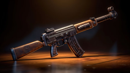 Submachine gun on a wooden table in dark room. 3d renderの素材