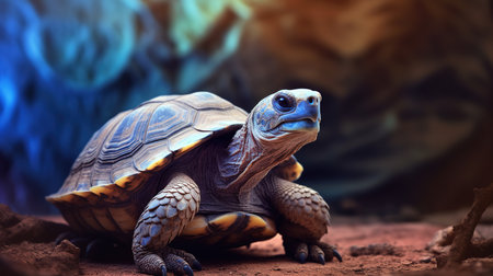 tortoise in a terrarium on a background of blue smokeの素材