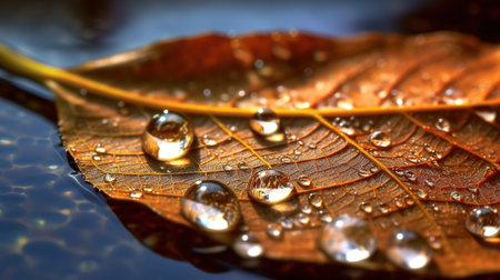 Close up of water drops on autumn leaf. Nature background. Macroの素材