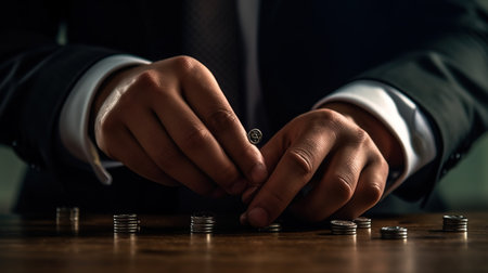 Close-up of businessman putting coins in row on wooden table.の素材