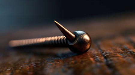 Close-up of a screw on a wooden surface. Shallow depth of field.の素材