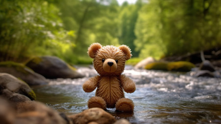 Teddy bear in a stream in the forest. Selective focus.の素材