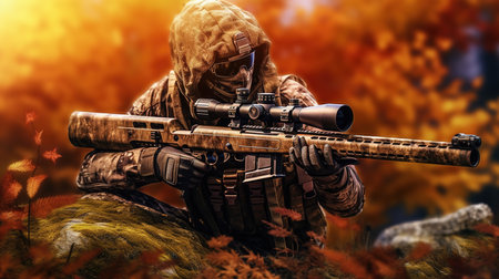 Shot of a soldier with a rifle on a background of autumn foliage.の素材