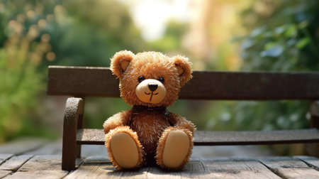 Teddy bear sitting on a wooden bench in the garden, soft focus backgroundの素材