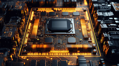 Close-up view of modern GPU card circuit. 3D renderingの素材
