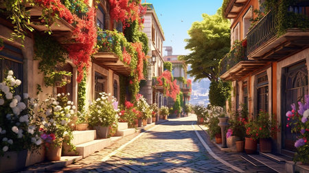 Beautiful street with flowers in Istanbul, Turkey. Istanbul is the capital and largest city of Turkey.の素材