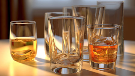 Glasses of whiskey with ice cubes on a table in a barの素材