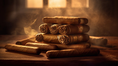 Cuban cigars on wooden table with smoke. Selective focus.の素材