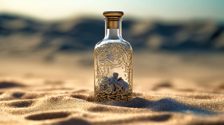 Old bottle with a message in the sand. 3D illustration.の素材