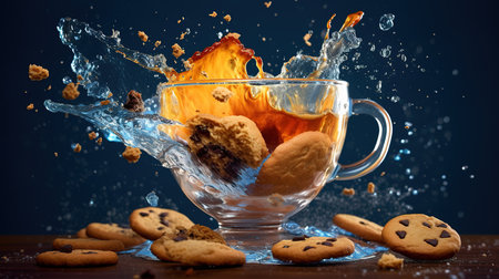 Cup of tea with chocolate chip cookies and splash on dark backgroundの素材